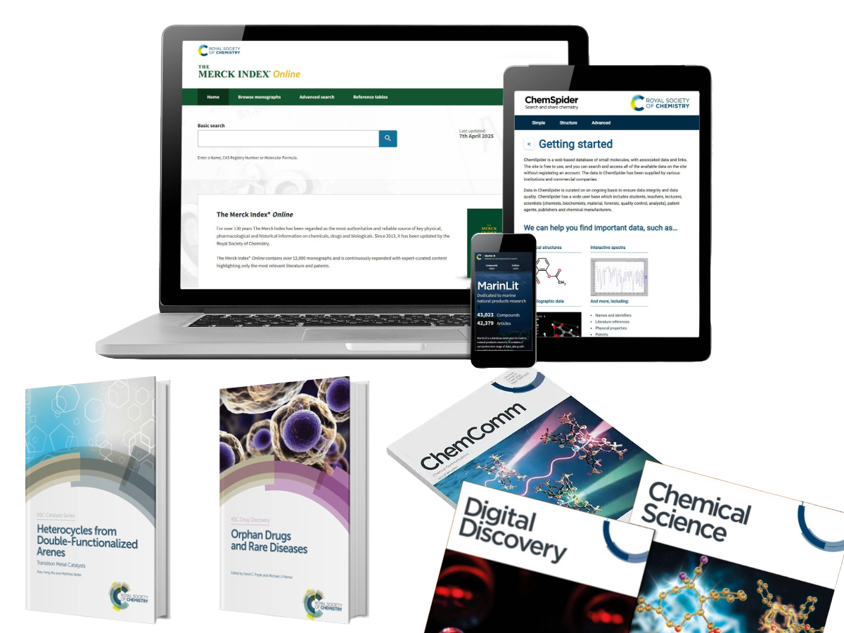 Computer screen and other devices showing webpages of Merck index, RSC journal covers and RSC book covers