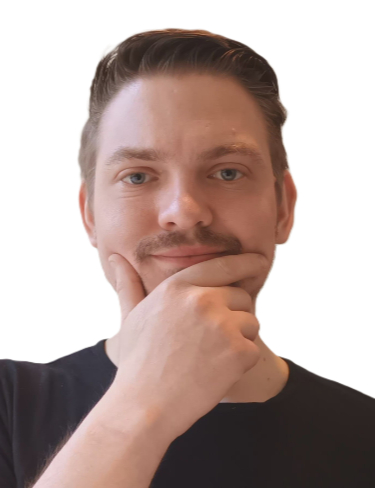 Fabian Liebig smiles gently while resting his chin on his hand in a thoughtful pose against a stark white background.
