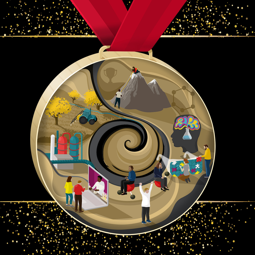 A promo image for RSC Prizes with a massive gold medal hanging from a red ribbon on a black background
