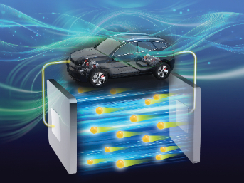 Ion transport (Desktop seminar) The image depicts some blue and yellow glowing particles likely representing energy transfer and a conceptual illustration of an electric vehicle (EV).