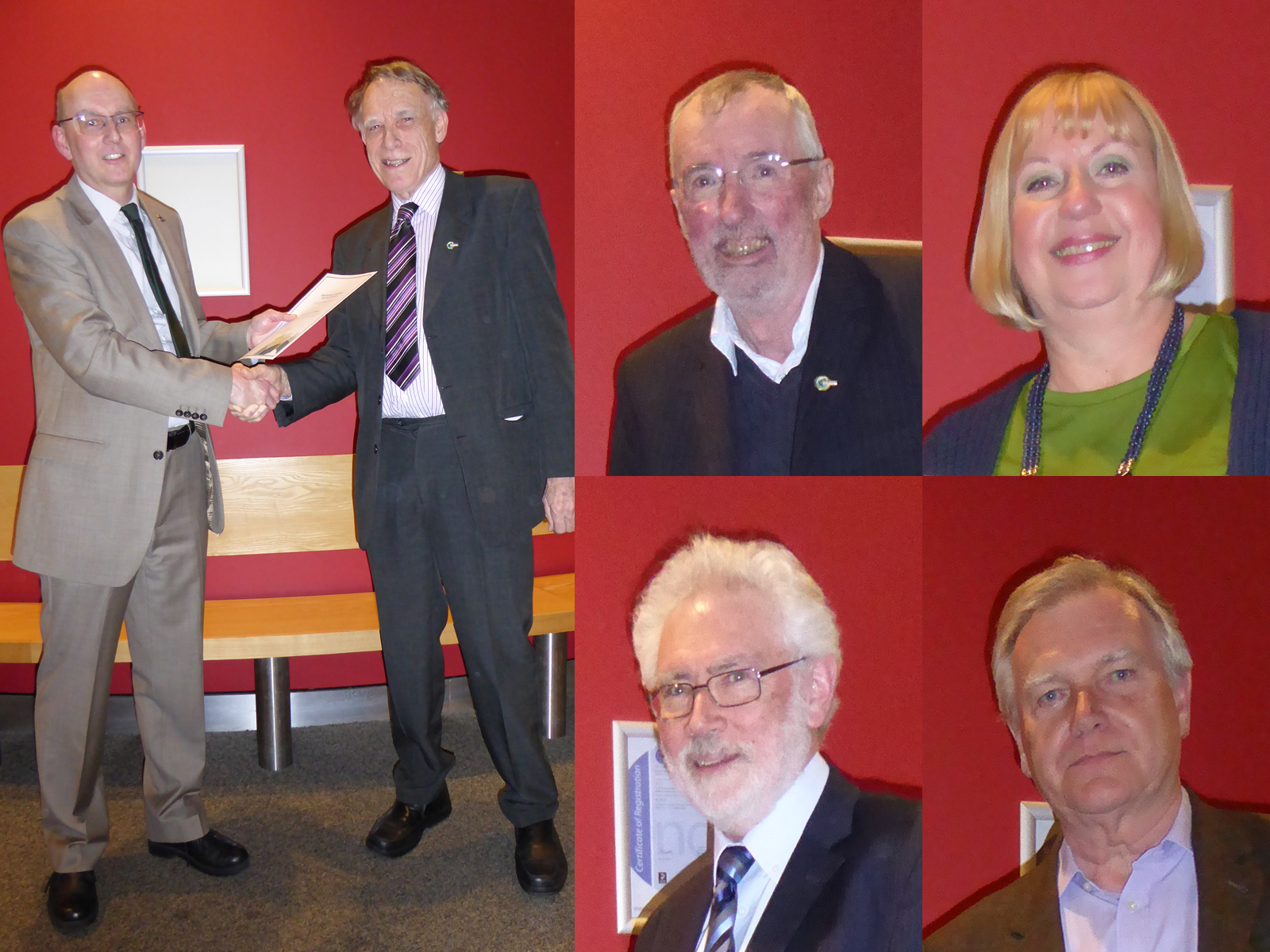 On the left Fred Parrett receives his long service certificate from another man, they are shaking hands. On the right there are headshots of gold badge members John Brennan, Bob Appleton, Judi Beerling and Mike Mitchard.
