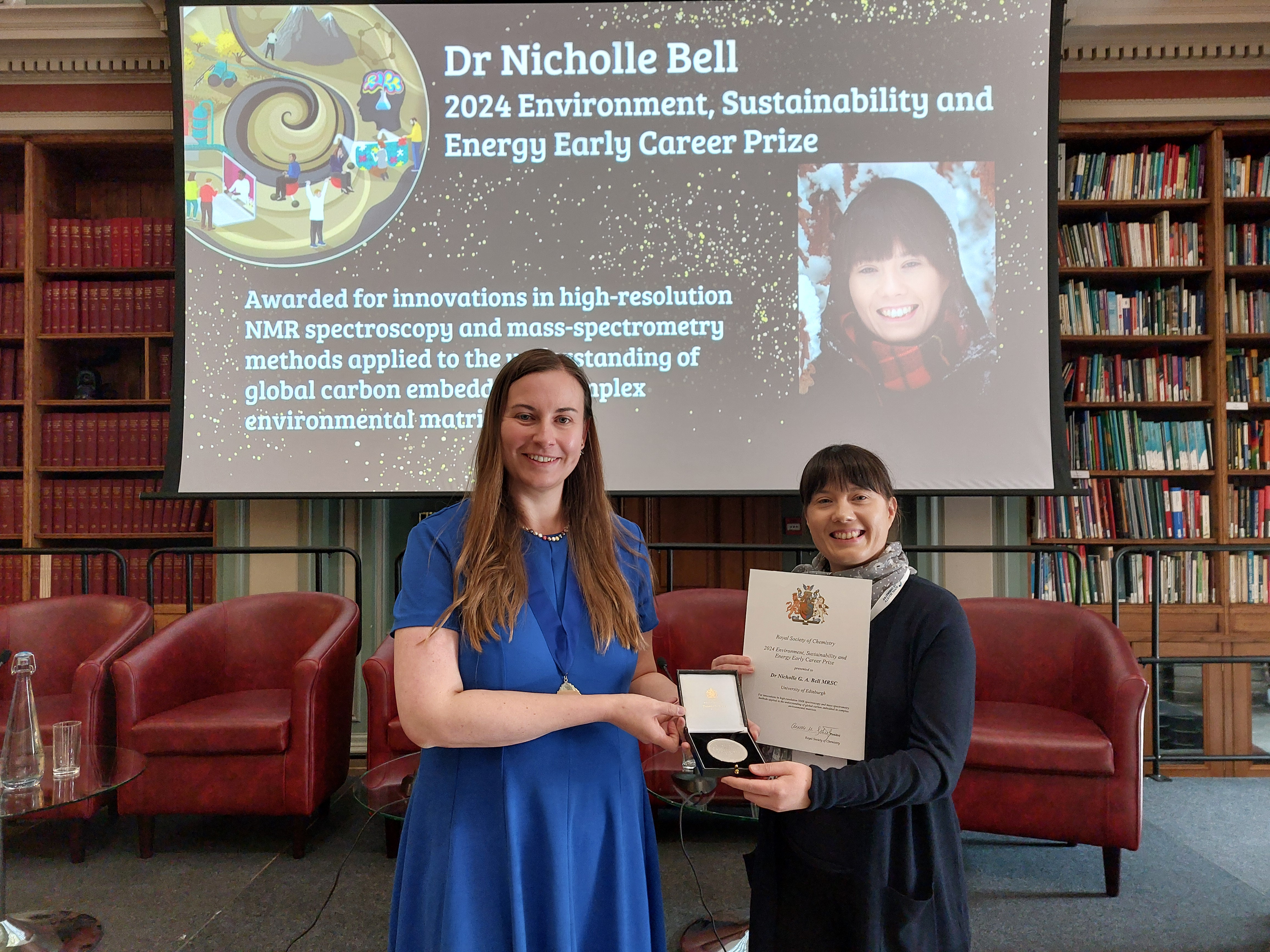 Nicholle Bell (right) receives her RSC Prize from Zoe Ayres