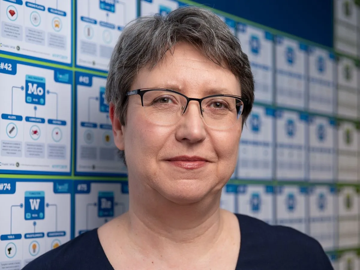 Nicole Morgan landscape Nicole Morgan smiling to camera wearing glasses, in front of wall with periodic table