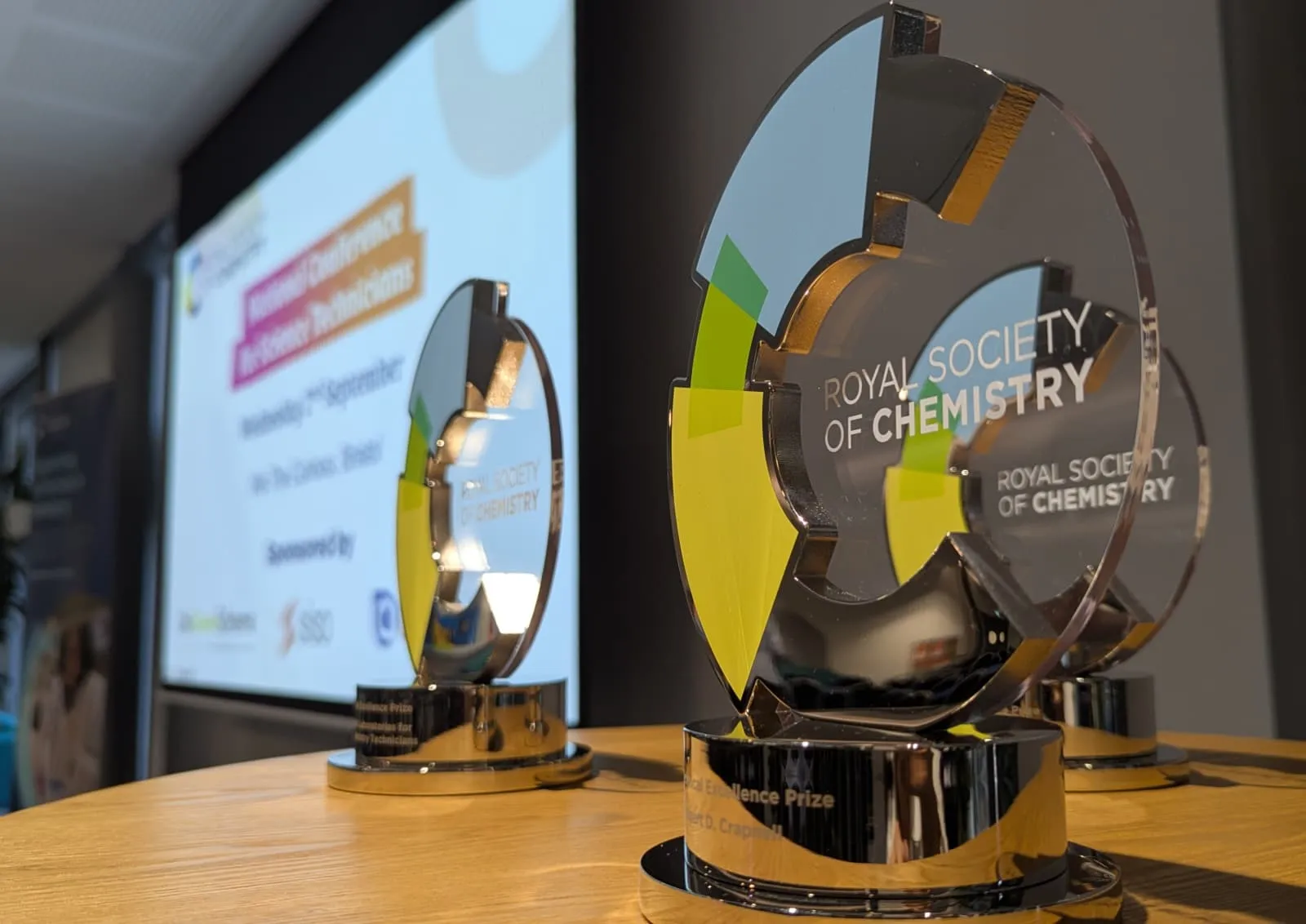 National Conference for Science Technicians 2026 - RSC prizes 2 A trio of RSC Technical Excellence Prize trophies on a table