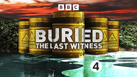 buried.png The logo for 'Buried: The Last Witness', which is white text on a background with yellow toxic waste barrels, some weird teal-coloured liquid on the ground and a red sky
