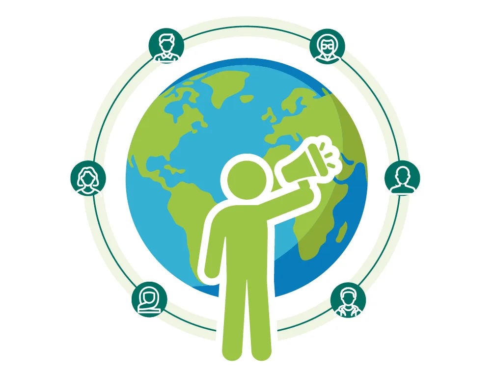 Strategic priority five graphic (I and D strategy 2030) The graphic features a stylised green and blue globe surrounded by interconnected people icons.