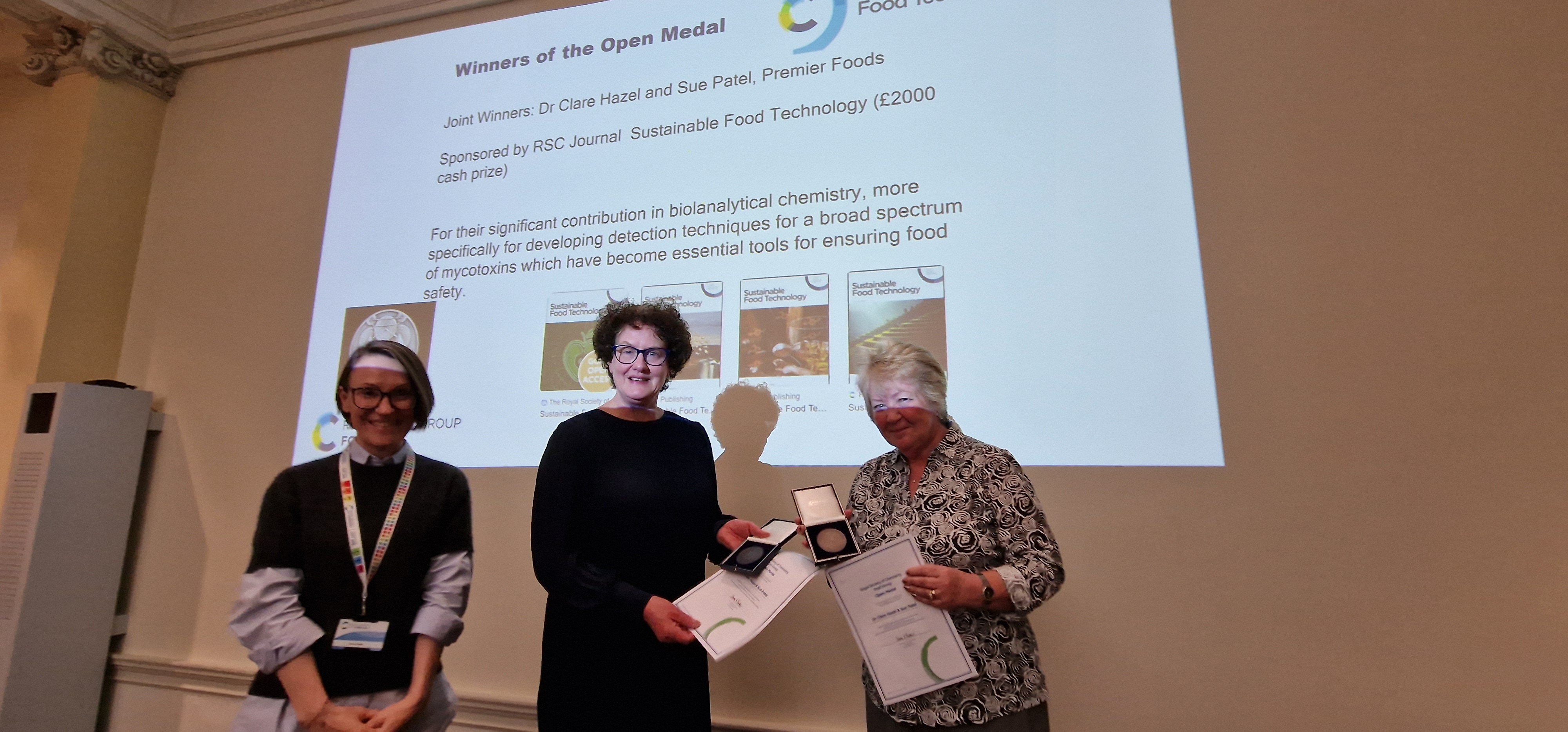 Photo of Early Careers Award winner Dr Neslihan Göncüoğlu Taş and Open Medal joint-winners Dr Clare Hazel and Sue Patel 
