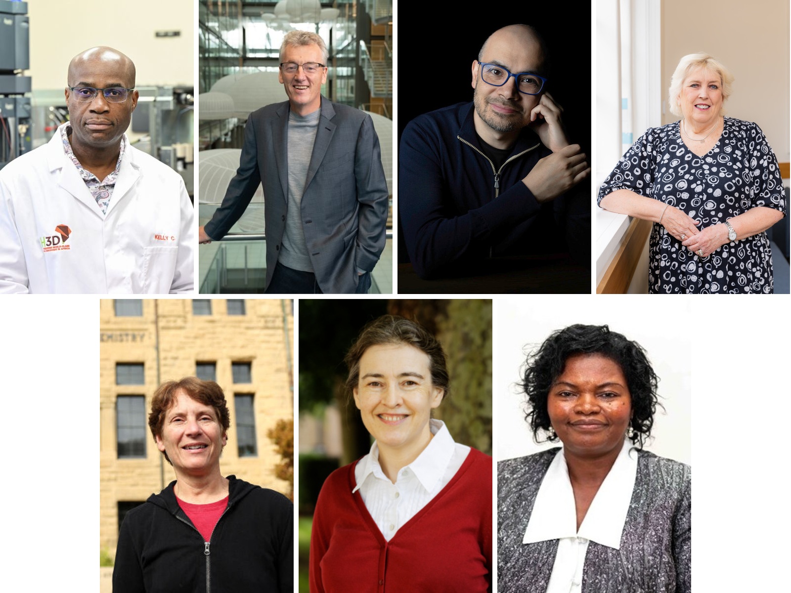 Clockwise from top left: Prof Kelly Chibale, Prof Sir David MacMillan, Sir Demis Hassabis, Prof Dame Margaret Brimble, Prof Jane Catherine Ngila, Prof Dame Clare Grey, Prof Carolyn R. Bertozzi