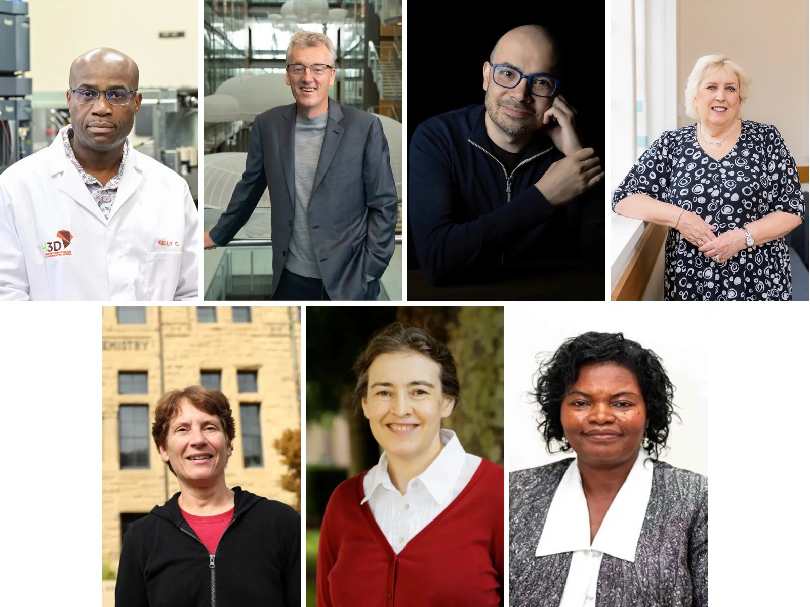 2026 Honorary Fellows collage - Chibale, MacMillan, Hassabis, Brimble, Bertozzi, Grey, Ngila Clockwise from top left: Prof Kelly Chibale, Prof Sir David MacMillan, Sir Demis Hassabis, Prof Dame Margaret Brimble, Prof Jane Catherine Ngila, Prof Dame Clare Grey, Prof Carolyn R. Bertozzi