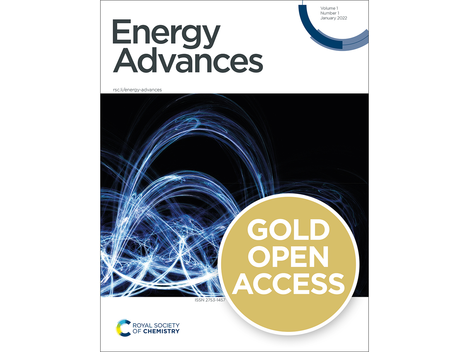 Energy Advances cover with a gold open access badge
