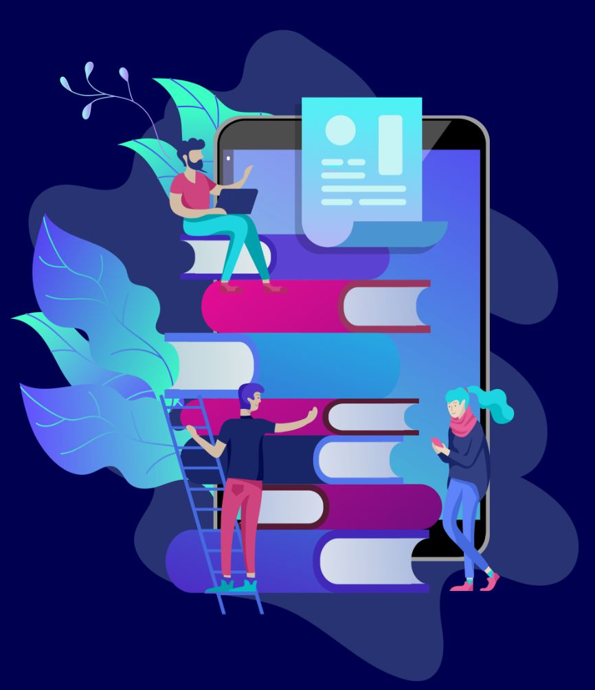 An abstract multicoloured image of three people studying, sitting on or standing next to books with a certificate in the top right corner