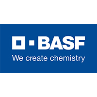 BASF company logo, navy blue with white initials, has tag line "We create chemistry"