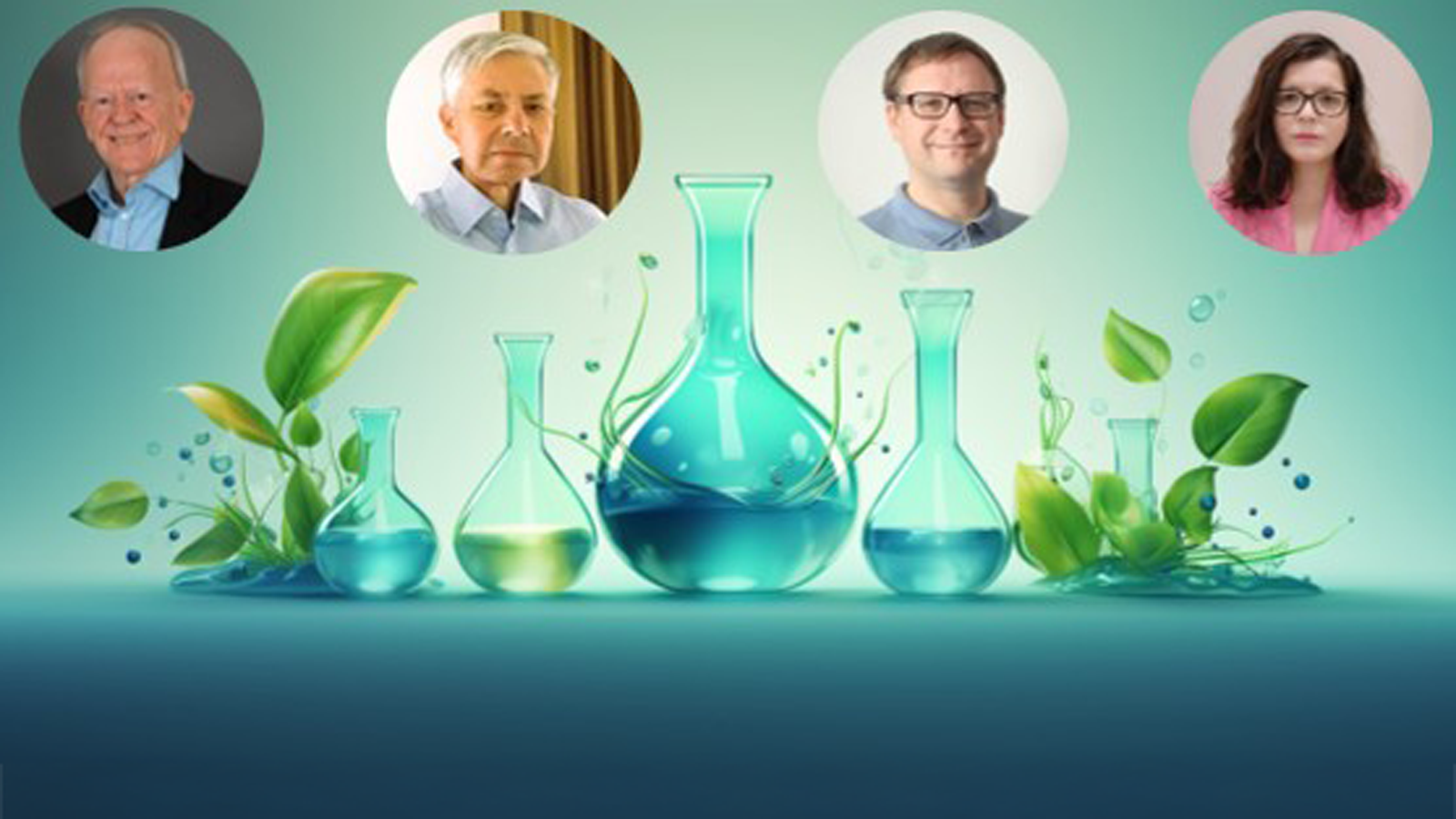 Graphic of group of glass flasks with blue liquid and green leaves, with photos of Green Circular Solvent Team team members in circles above