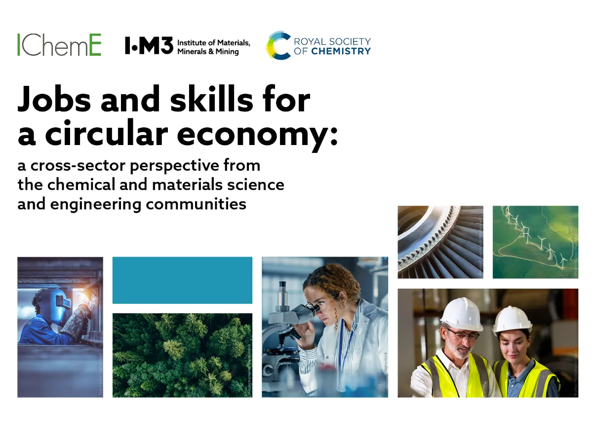 Skills for a circular economy report cover The report cover is a collage of photos showin a scientist, engineers in high visibility jackets, a forest and scientific equipment