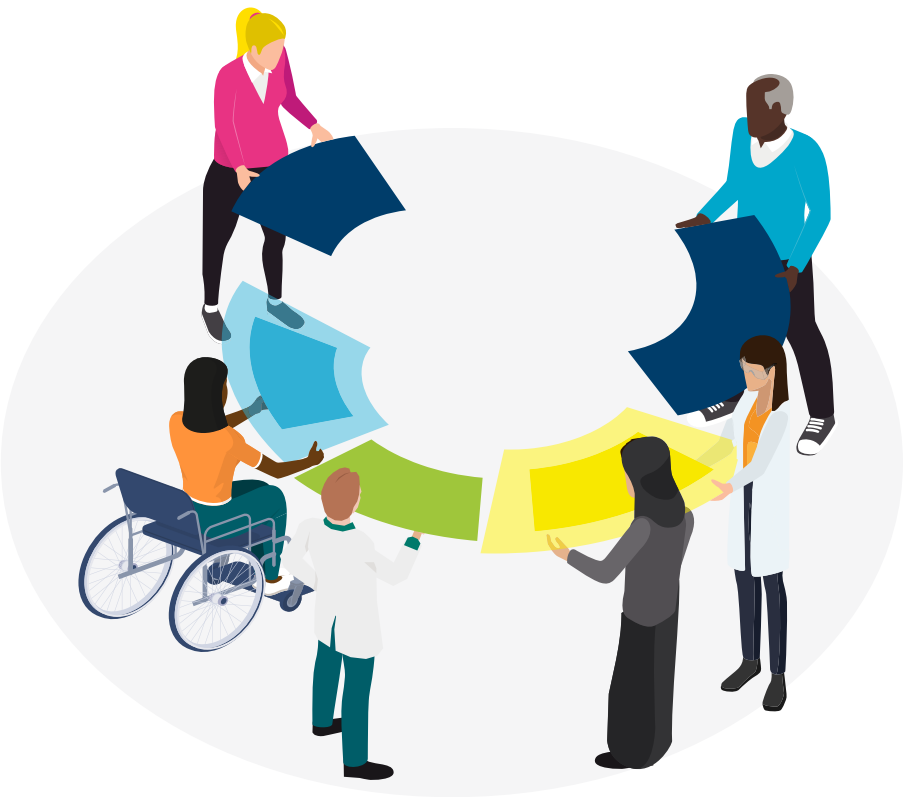 A digitally illustrated image of people in a circle holding pieces of colour to make the RSC logo