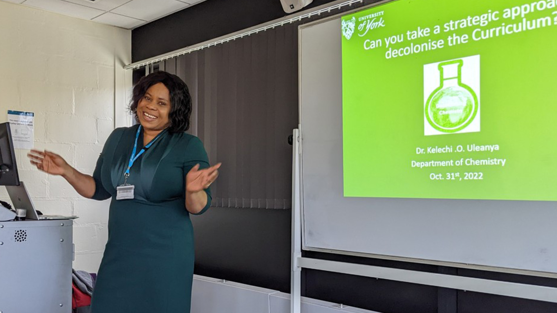 University of York "Decolonising the Chemistry Curriculum" Group lecturer in front of white board