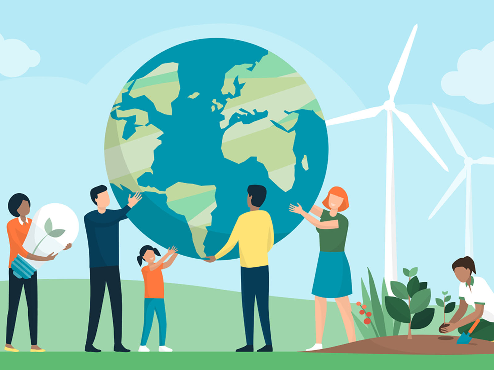 Graphic showing the globe and people doing activities such as reycling.