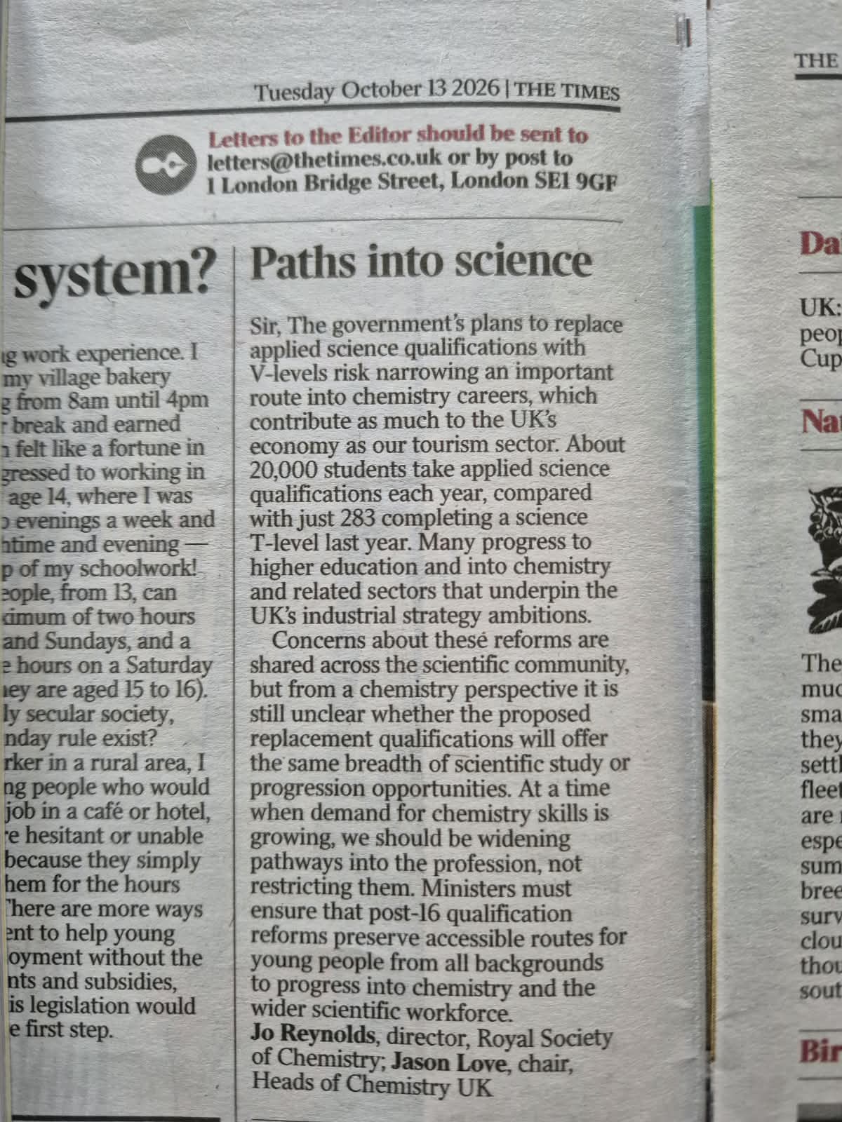 A photo of a newspaper page featuring a letter from Dr Jo Reynolds, of the Royal Society of Chemistry, and Professor Jason Love, chair of Heads of Chemistry UK, about V Levels.