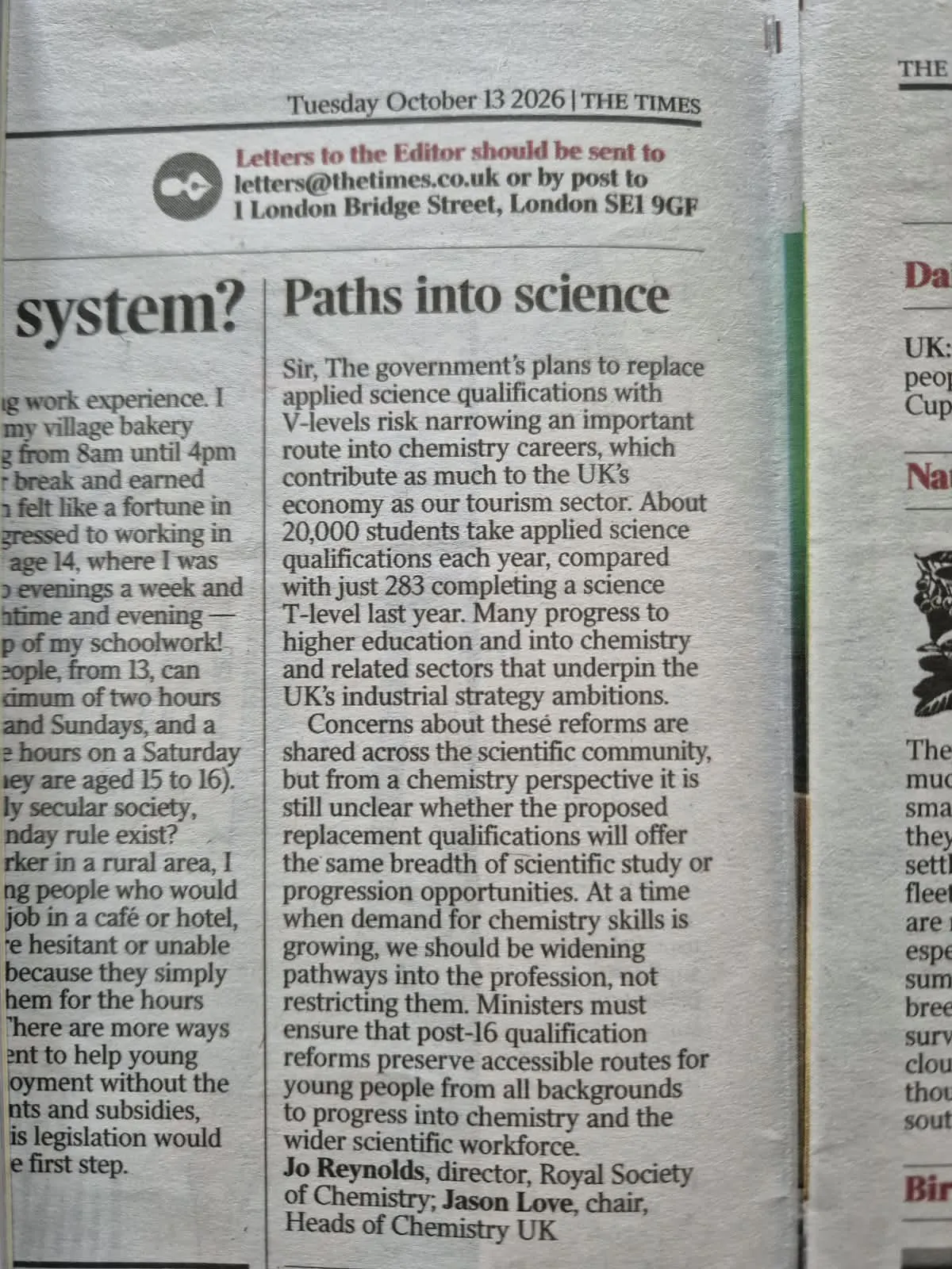 Letter to the Times - V Levels A photo of a newspaper page featuring a letter from Dr Jo Reynolds, of the Royal Society of Chemistry, and Professor Jason Love, chair of Heads of Chemistry UK, about V Levels.