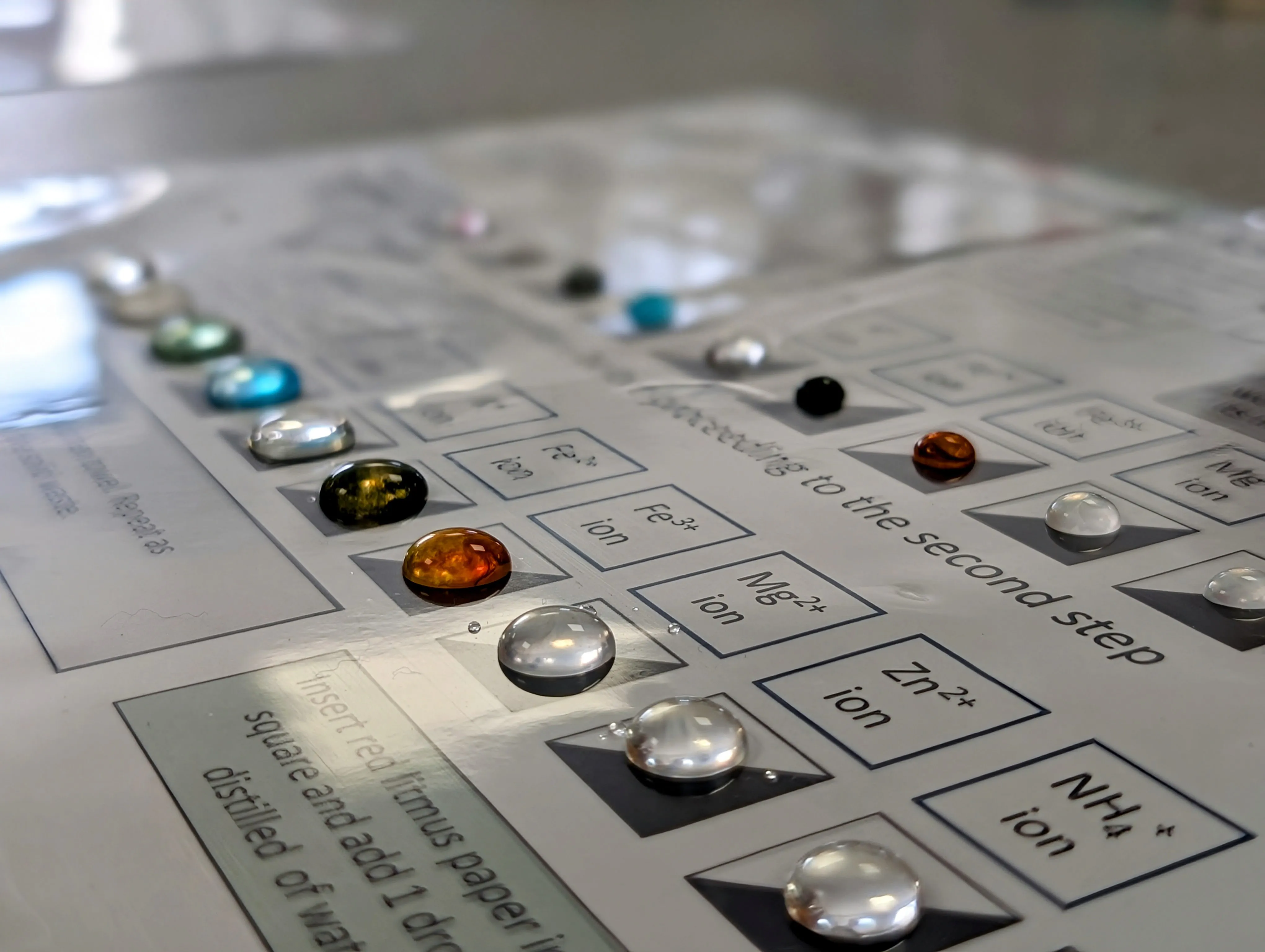Microscale Green Shoots A microscale chemistry experiment showing the drops of liquid placed on a laminated worksheet with labels for several common ions.
