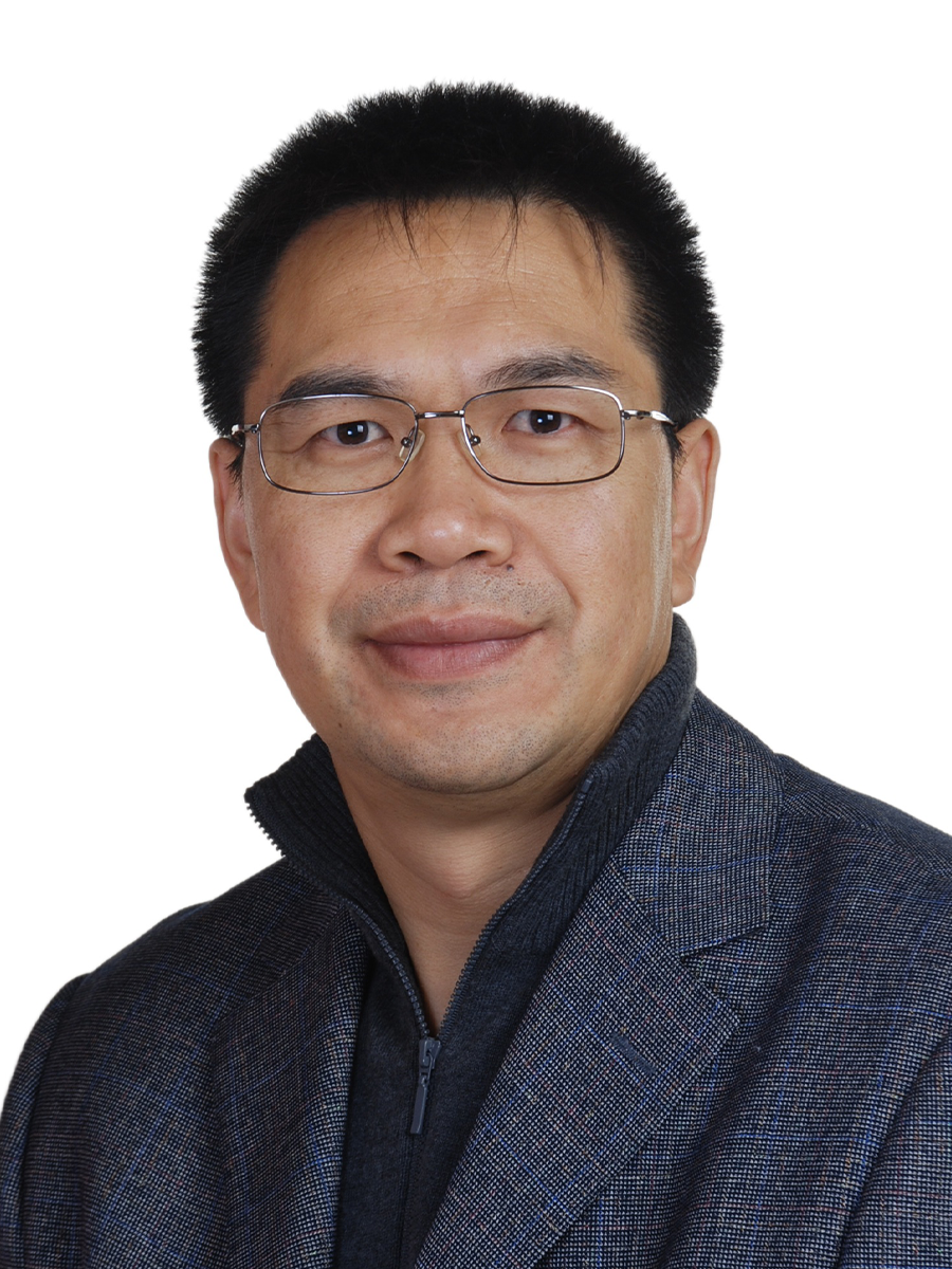 Jiubin Chen smiling to camera wearing black and grey jacket and glasses