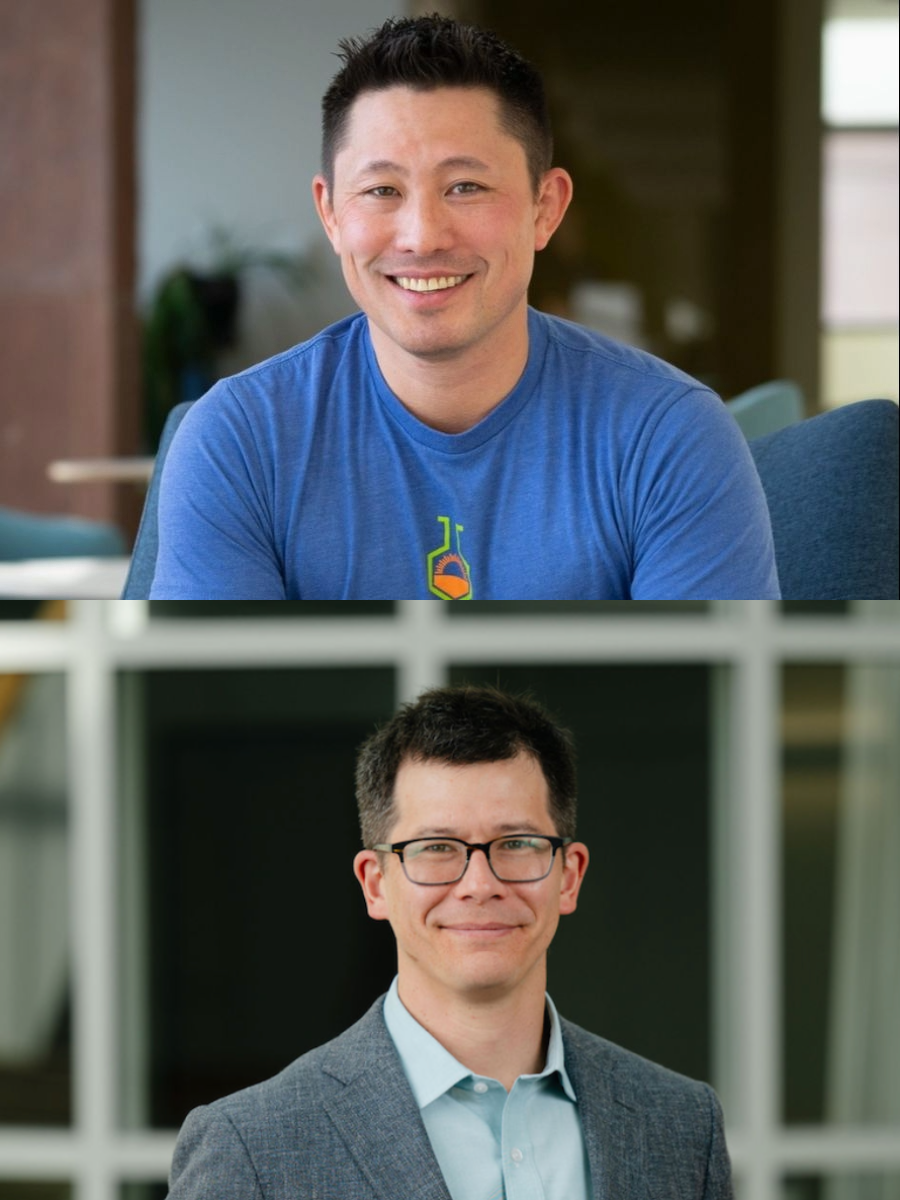 Collage of Keary Engle and Garret Miyake both smiling to camera, Keary in grey suit and glasses, Garret in blue T-shirt