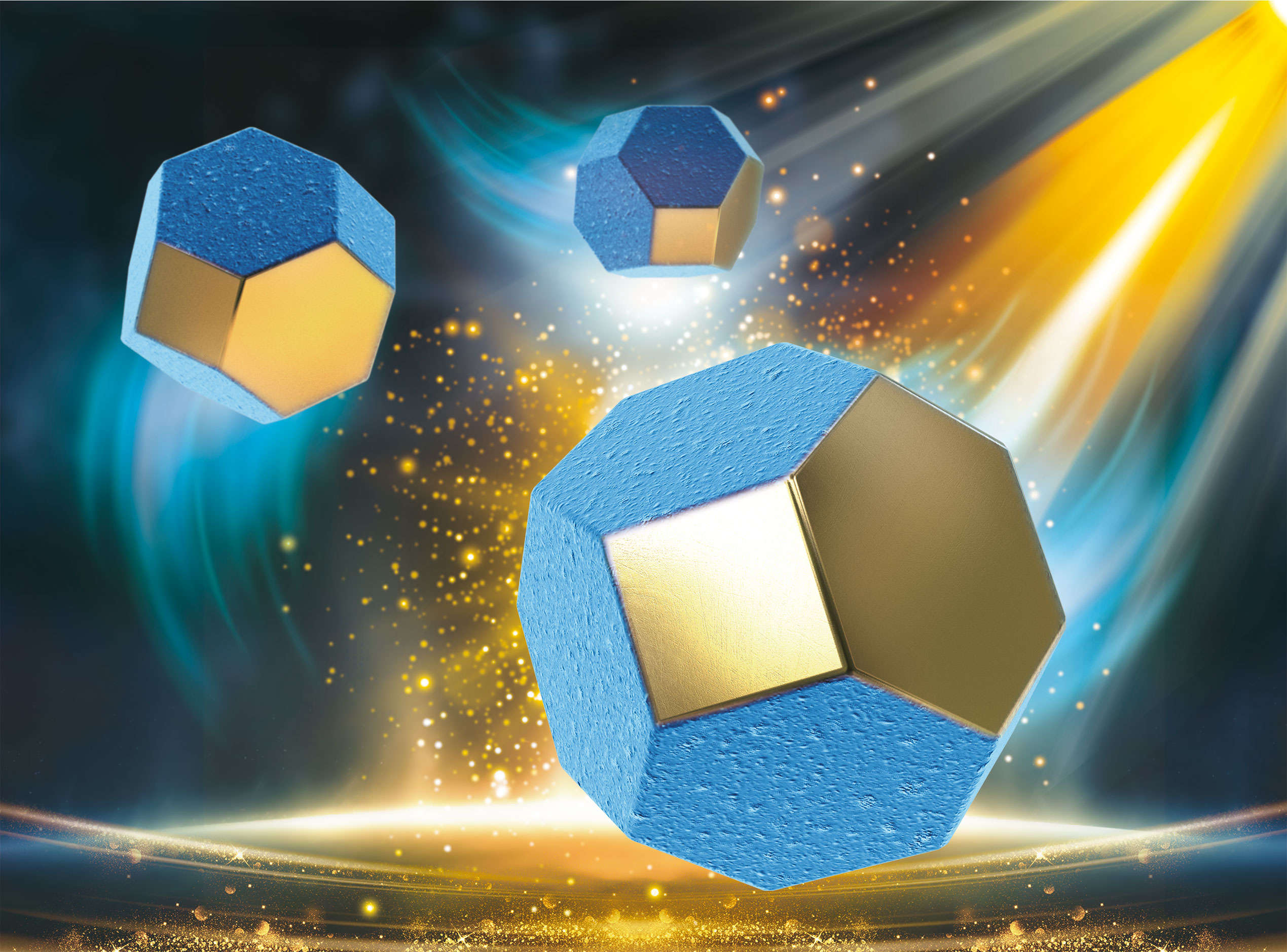 Geometric shape with striking 3D effect in mosaic blue and gold colours 