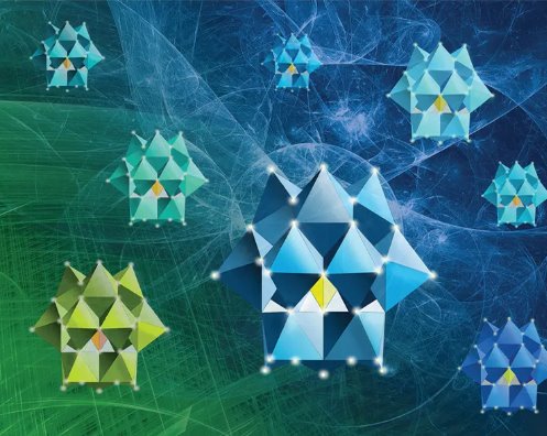 An illustration of complex molecular structures, shown as blue and green geometric clusters with highlighted atomic vertices against a stylised digital background