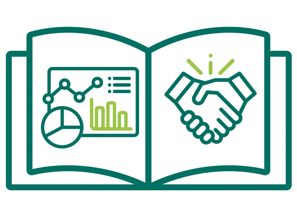 Strategic priority two graphic (I and D strategy 2030) The graphic illustration shows a concept of collaboration includes a lightbulb with a handshake and graph charts.