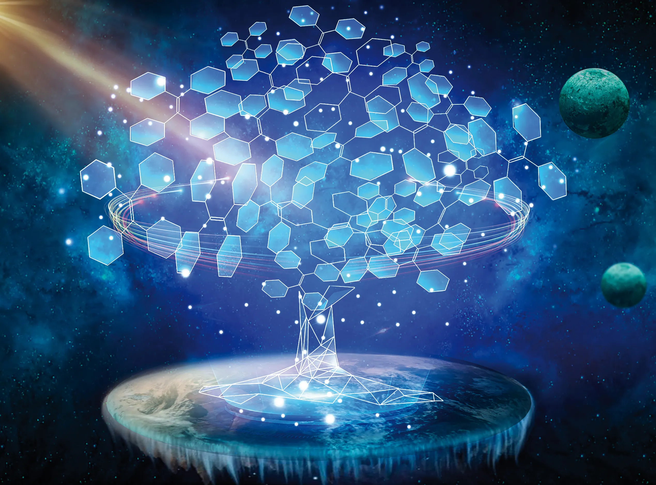MXenes - desktop webinar An abstract, glowing tree structure made of interconnected blue and white hexagons sits above a flat, icy planet in space