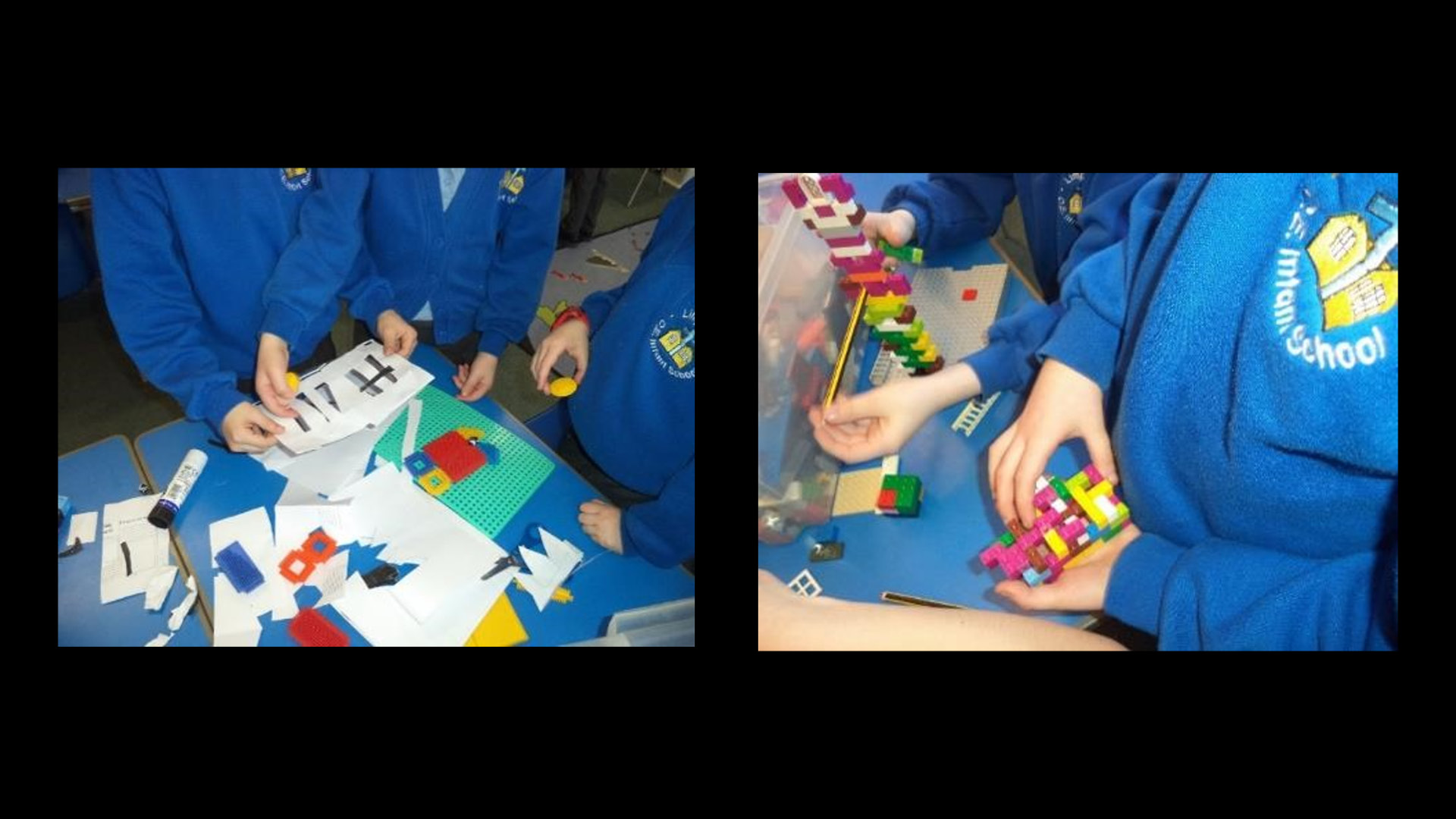 A group of school children problem solving with lego blocks and logical processing activities