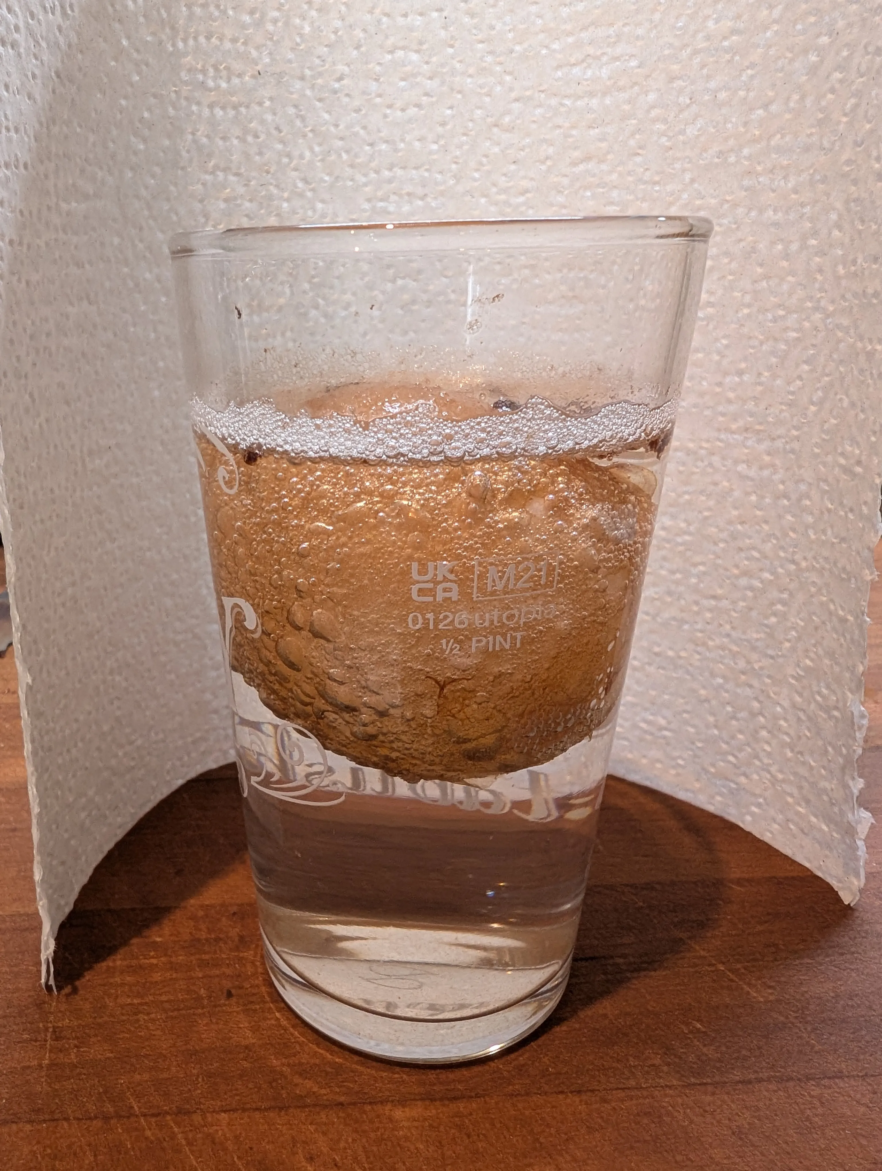Easter egg - mid process dissolving A glass with bubbling liquid that contains an egg