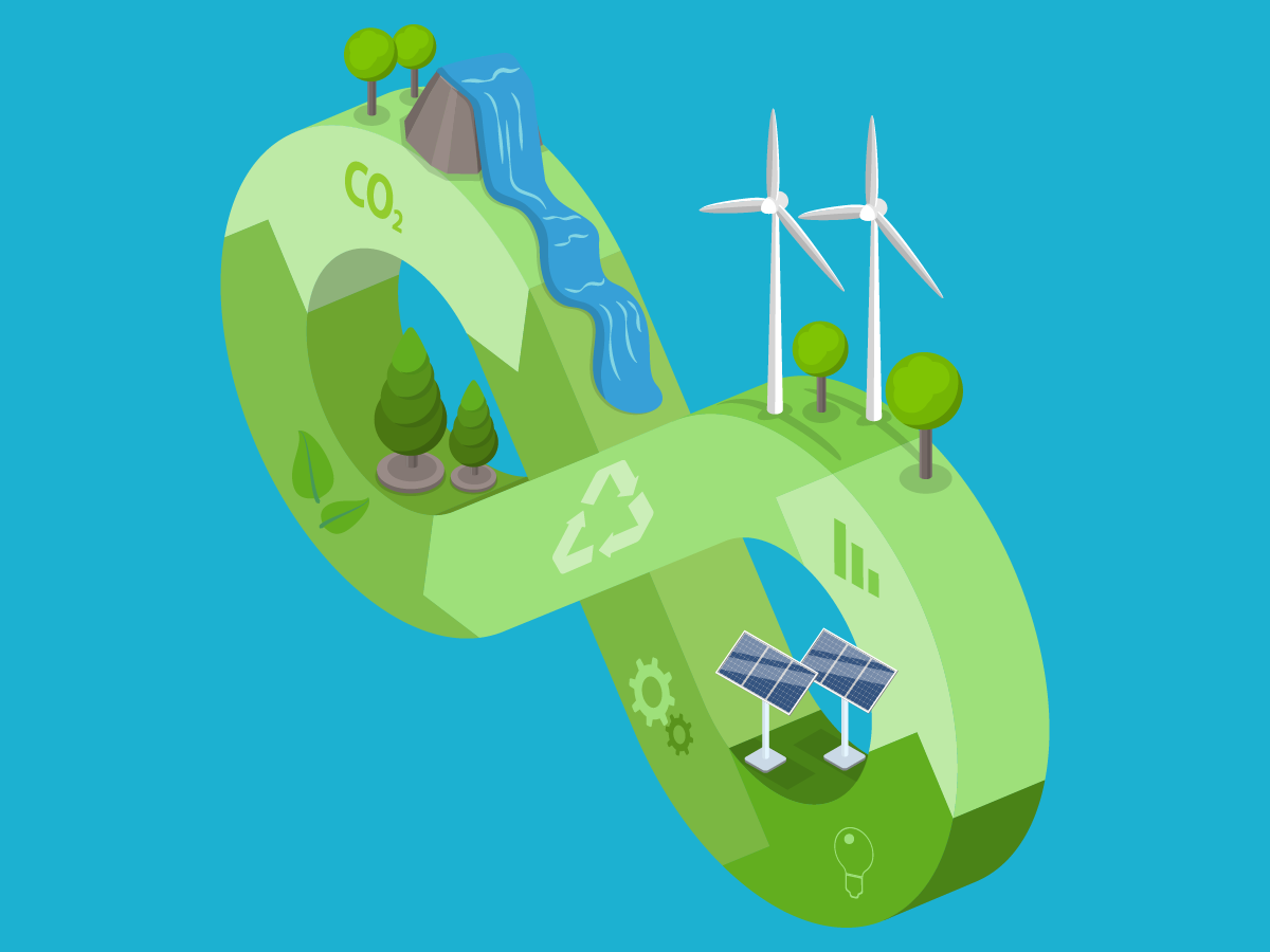 digital illustration of infinity symbol with wind turbines and other sustainability-themed icons around it