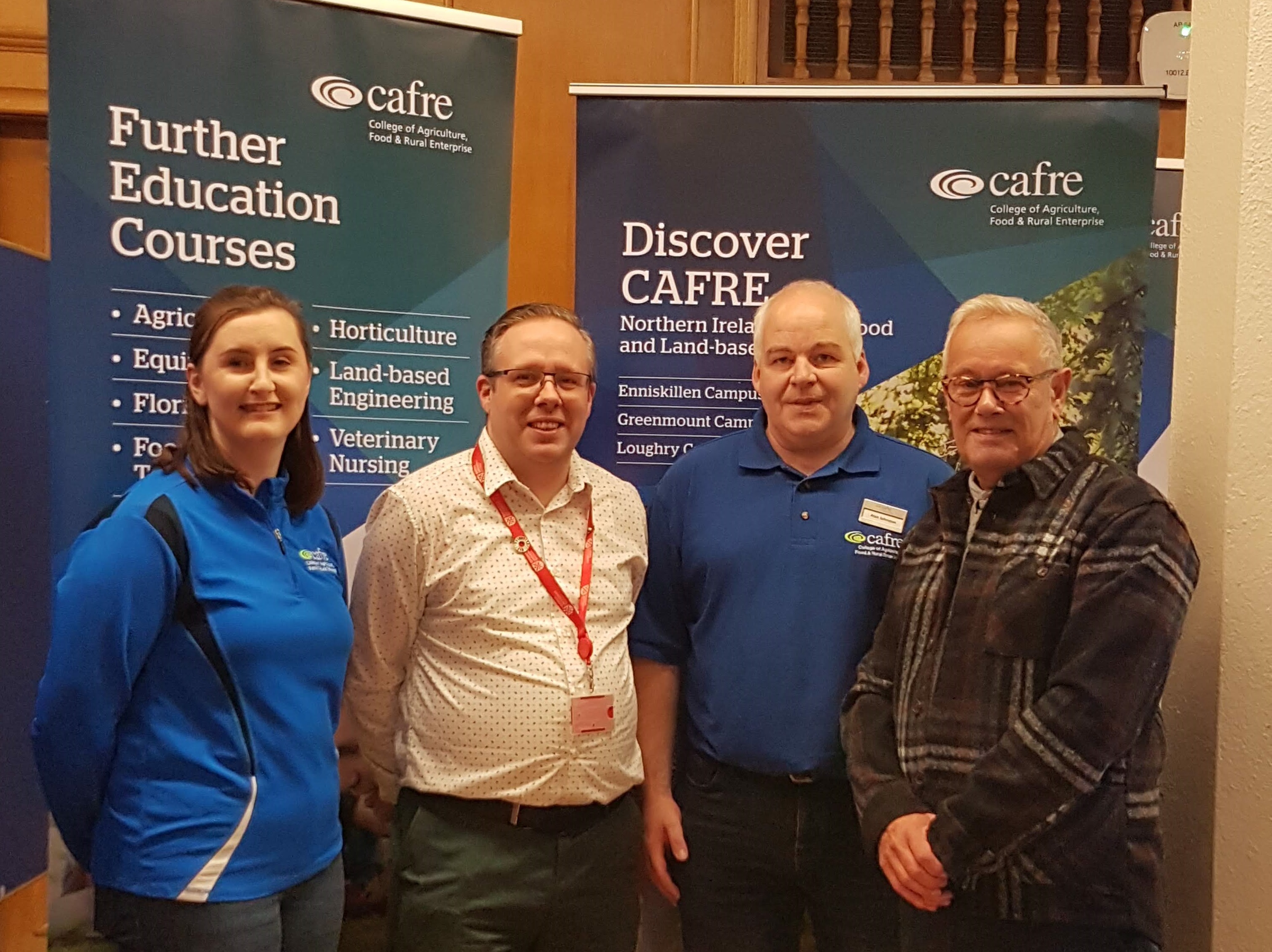 Katie Wray (CAFRE), Kevin Morgan (QUB/CAFRE CAG), Alan Johnstone (CAFRE) and Maynard Mawhinney (CAFRE CAG) at Chemistry at Work 2023 hosted by the School of Chemistry and Chemical Engineering at Queen’s University Belfast