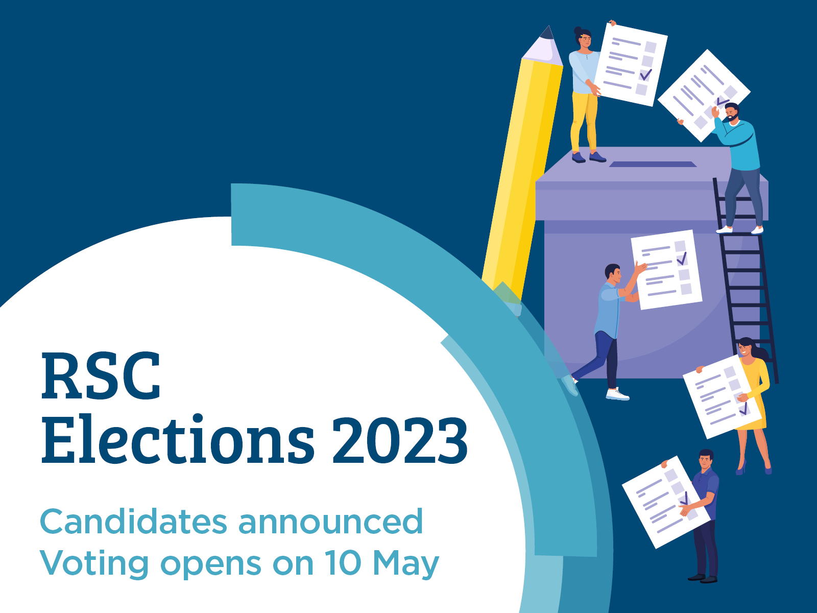 A graphic showing a ballot box, people with forms and a giant pencil