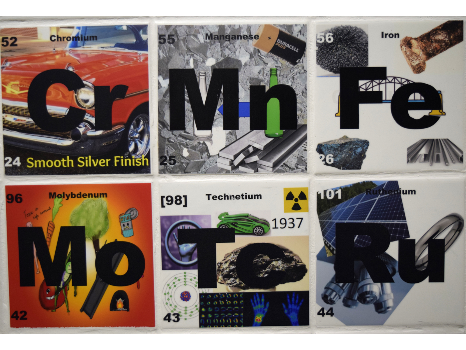 Close up of the ceramic periodic table showing tiles for chromium, manganese, iron, molybdenum, technetium and ruthenium. Each title is illustrated with colourful pictures of the element's uses.