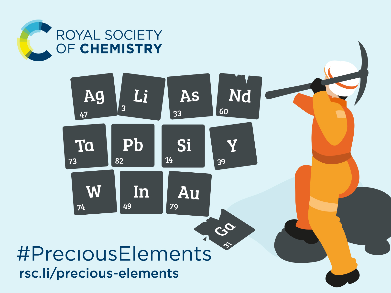 Artwork displaying the RSC logo and showing someone mining precious elements. The text reads #PreciousElements, rsc.li/precious-elements