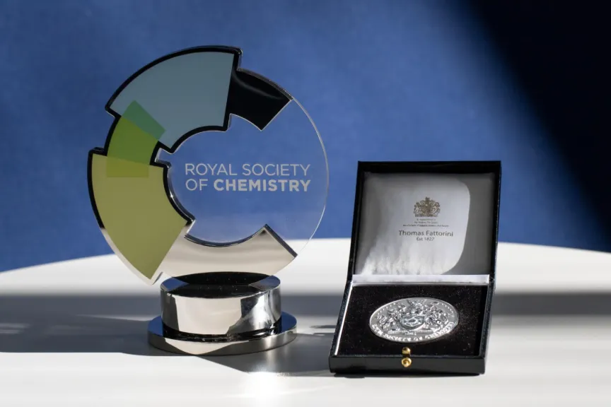 RSC prize trophy and medal rethinking recognition Glass trophy of RSC logo on stand and RSC winners' medal in a presentation box