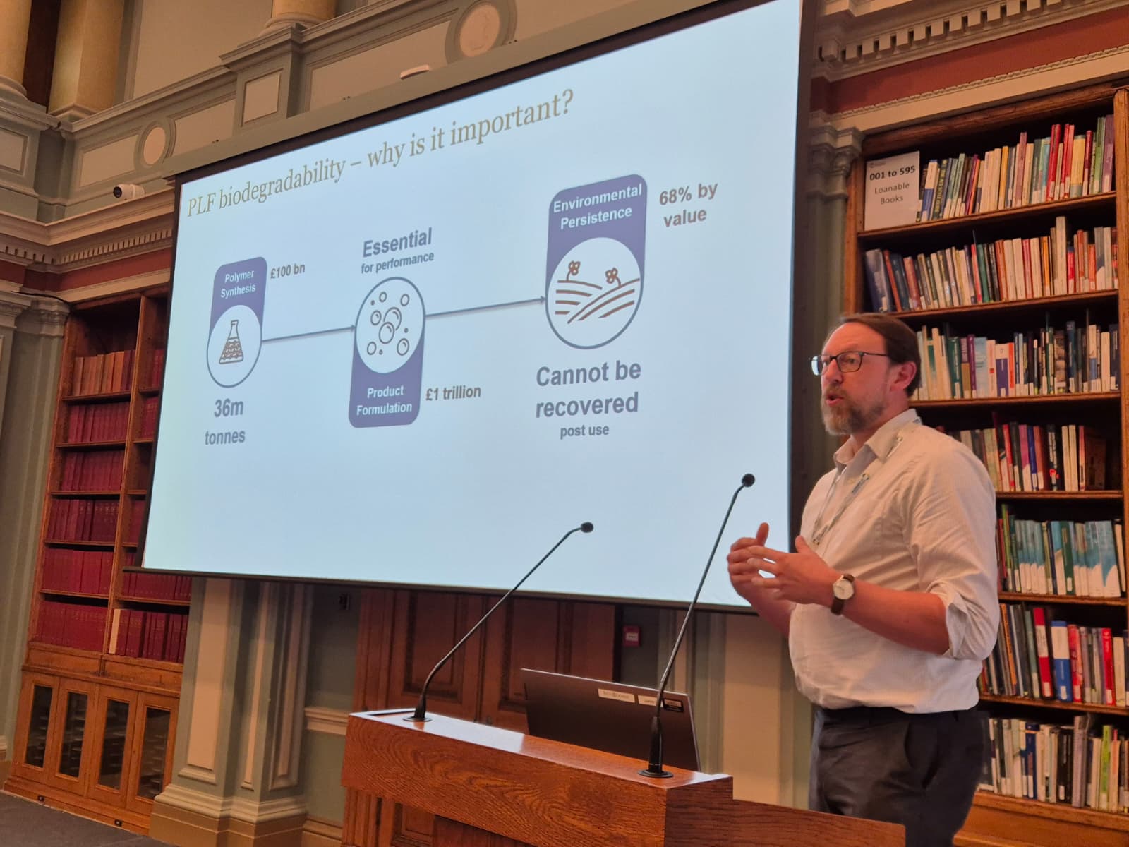 Professor Andrew Dove stands behind a lectern talking into a mic, while a screen shows some graphics over his right shoulder.