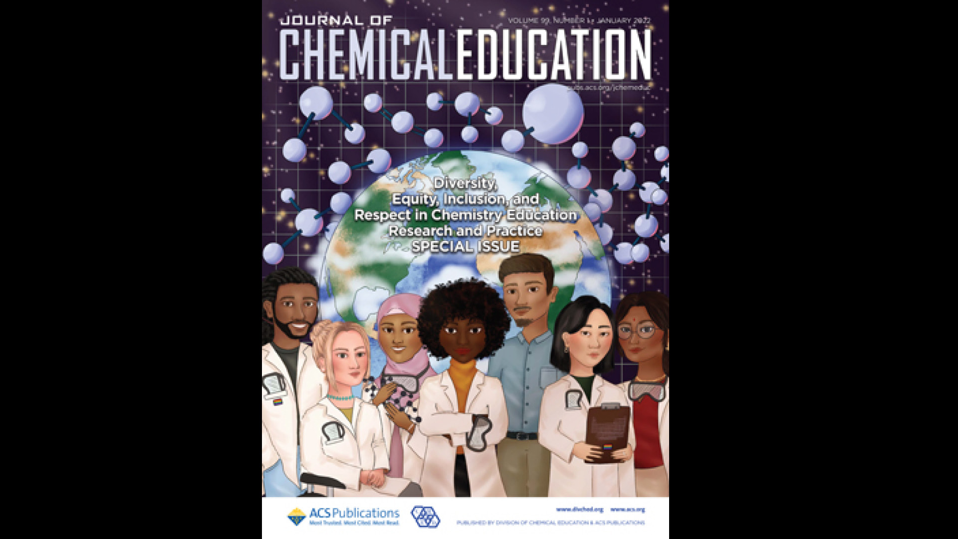 A cartoon version of University of York "Decolonising the Chemistry Curriculum" Group in white lab coats