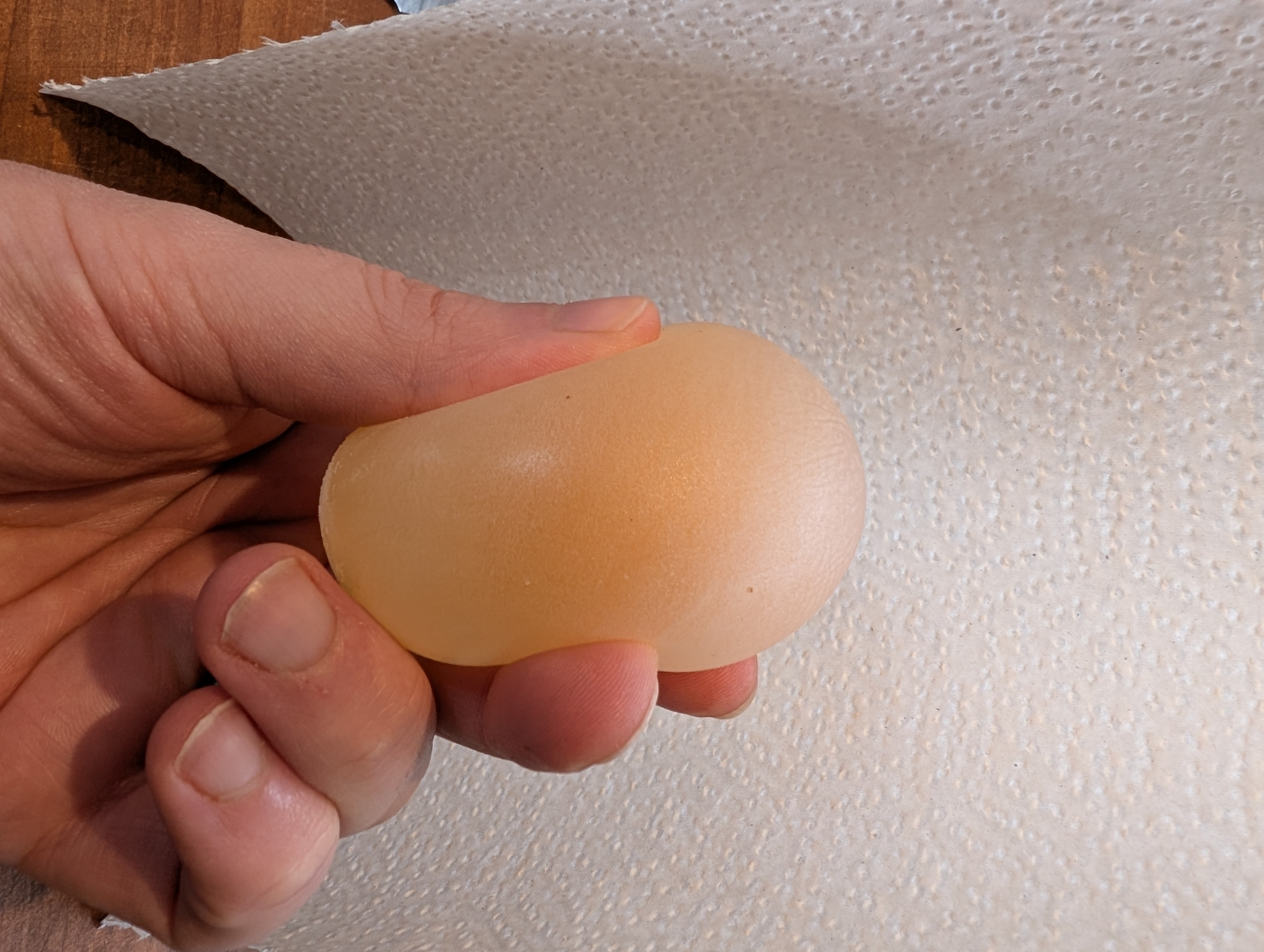 A hand holds and squeezes a dissolved egg