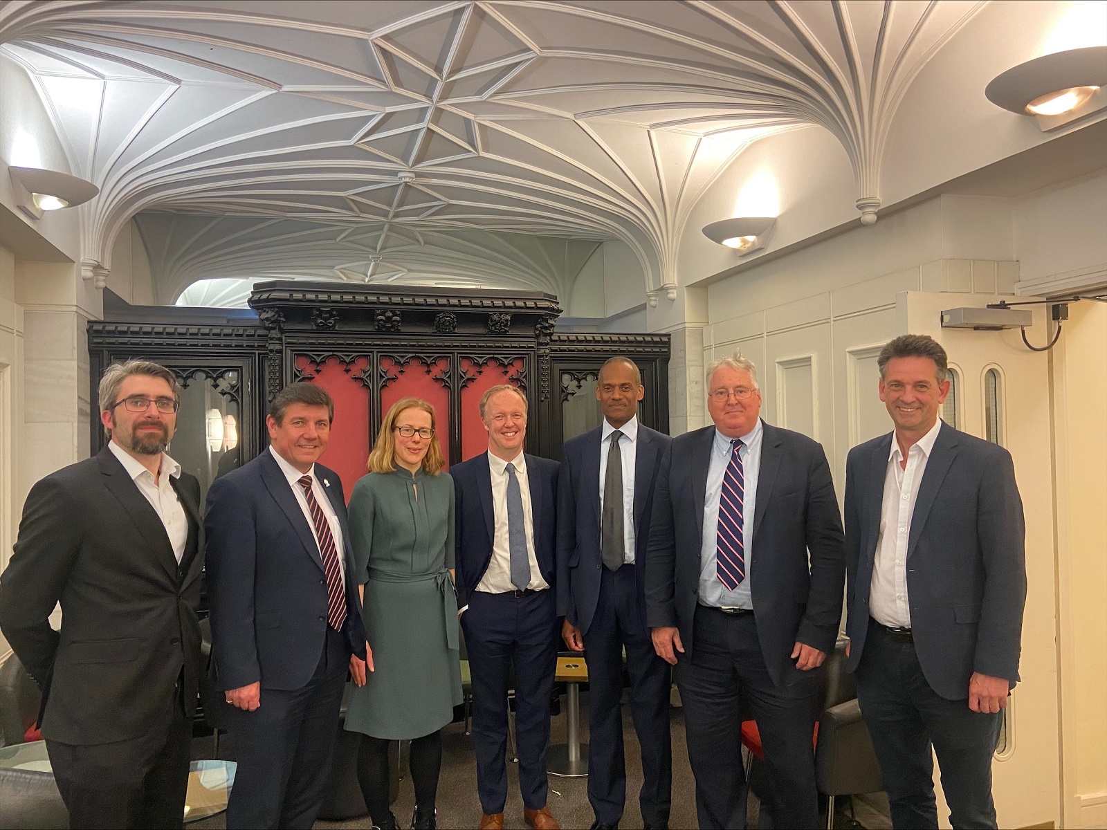 Dr Alexander Reip, Stephen Metcalfe MP, Tanya Sheridan, Dr Joe Marshall, Adam Afriyie MP, Stephen Benn and Professor Martin Freer pose together inside the House of Commons