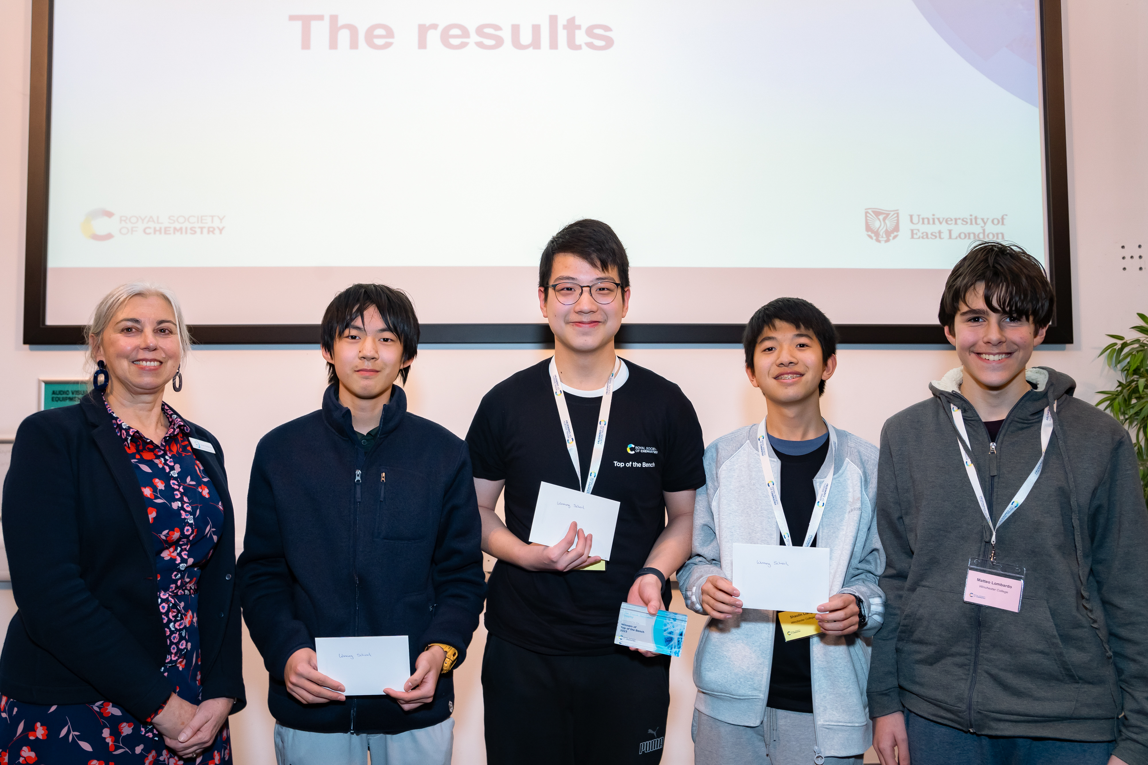 The winning team from Winchester College at the Top of the Bench final at the University of East London