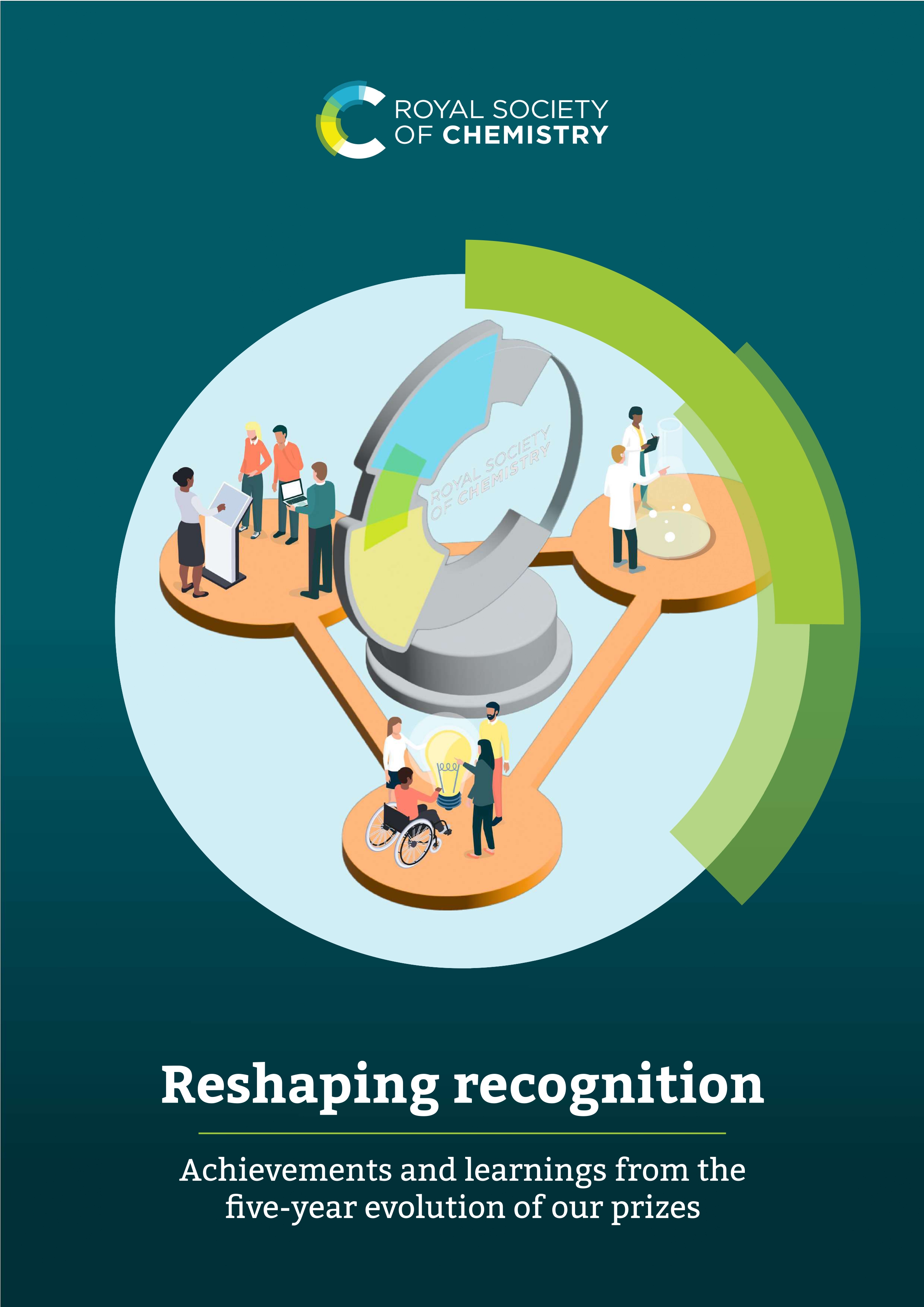 The front cover of our Reshaping Recognition report, which is on a dark green background, with people on three interconnected plinths around a giant illustrated version of an RSC trophy