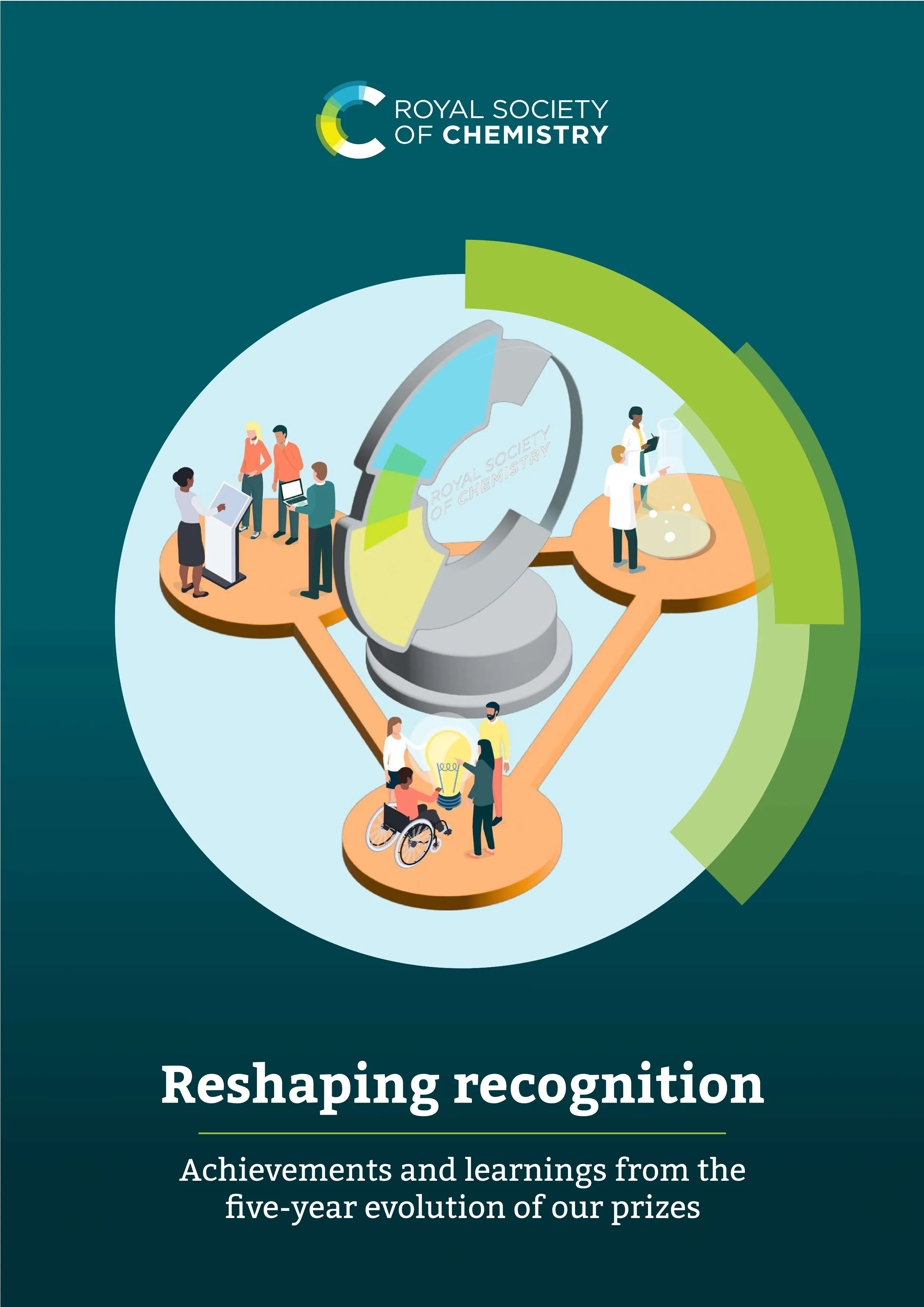 Reshaping Recognition report cover The front cover of our Reshaping Recognition report, which is on a dark green background, with people on three interconnected plinths around a giant illustrated version of an RSC trophy
