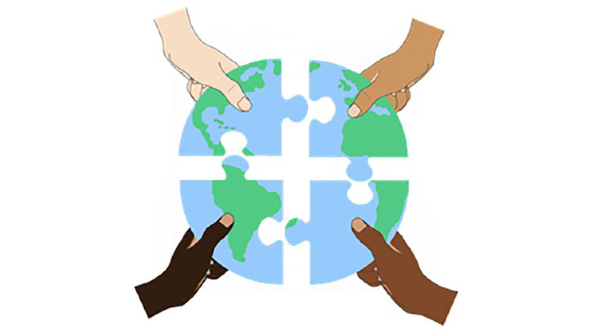 A four piece round puzzle of the world with each puzzle piece held by a different skin toned hand