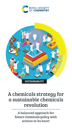 The front cover of the RSC's Sustainable Chemicals Strategy report, which features scientists in white coats working on a blue background, with each scientist doing an experiment, talking or working