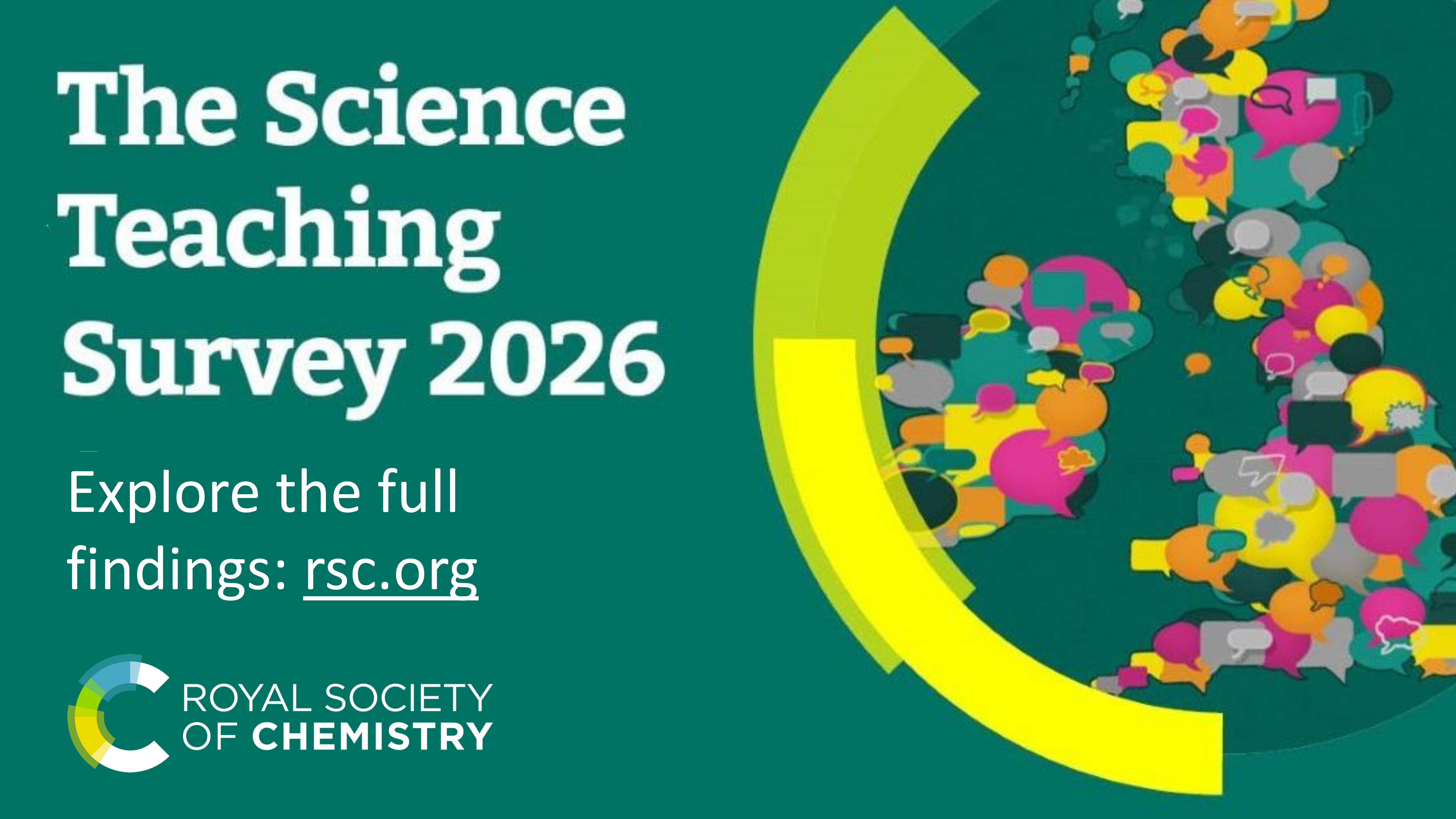 A green slide with text reading "The Science Teaching Survey 2026", "Explore the full findings: rsc.org" and the RSC's logo next to a multicoloured map