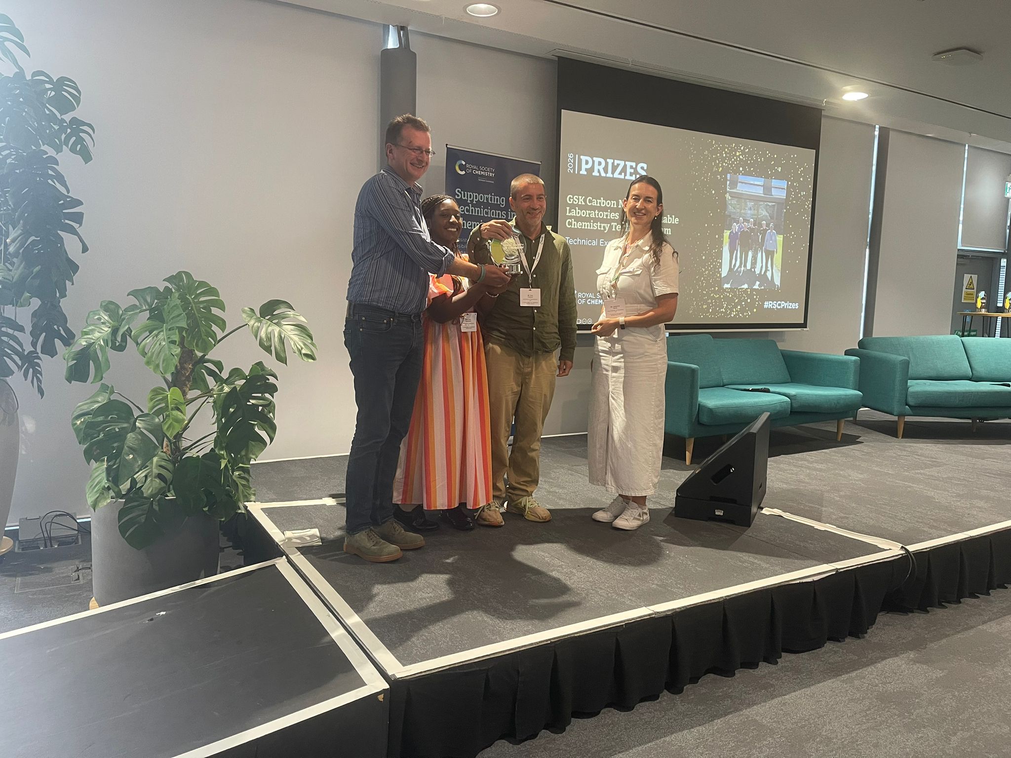 Members of the GSK Carbon Neutral Laboratories for Sustainable Chemistry team - part of a specialist research facility at Nottingham University - receive their 2026 RSC Technical Excellence Prize