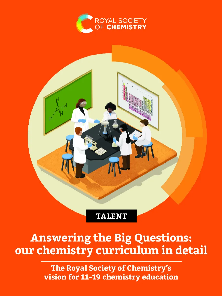 Elements of a successful chemistry curriculum Big Questions cover An illustration of a chemistry class or science lab with students in lab coats and safety goggles conducting experiments.